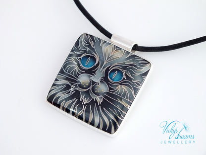 Handmade cloisonné blue-eyed cat pendant necklace in sterling silver