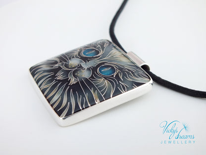 Handmade cloisonné blue-eyed cat pendant necklace in sterling silver