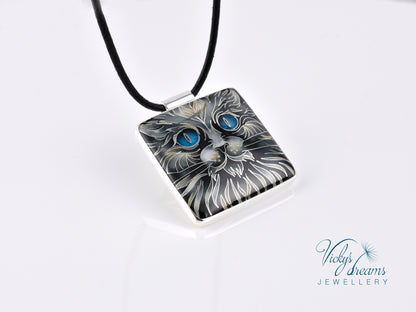 Handmade cloisonné blue-eyed cat pendant necklace in sterling silver