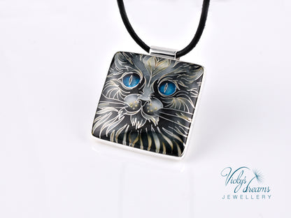 Handmade cloisonné blue-eyed cat pendant necklace in sterling silver