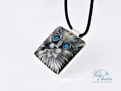 Handmade cloisonné blue-eyed cat pendant necklace in sterling silver