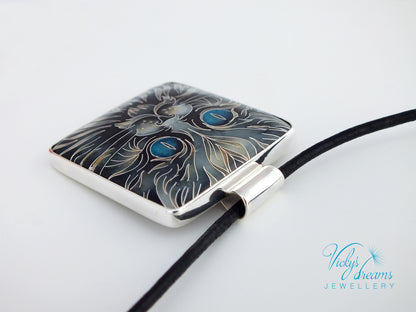 Handmade cloisonné blue-eyed cat pendant necklace in sterling silver