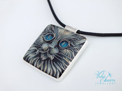 Handmade cloisonné blue-eyed cat pendant necklace in sterling silver