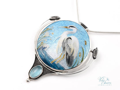 cloisonne enamel silver pendant with a heron 