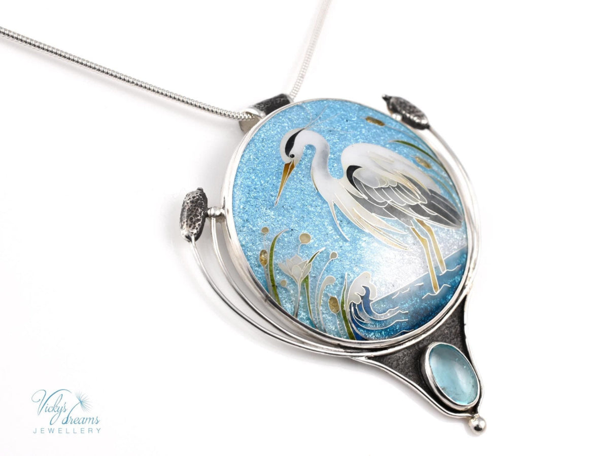 cloisonne enamel silver pendant with a heron 