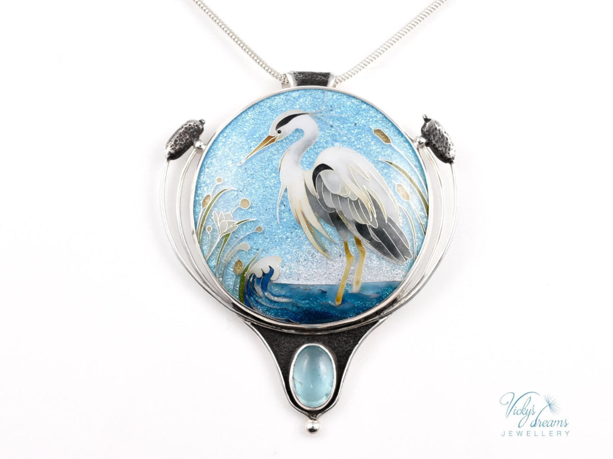 cloisonne enamel silver pendant with a heron 