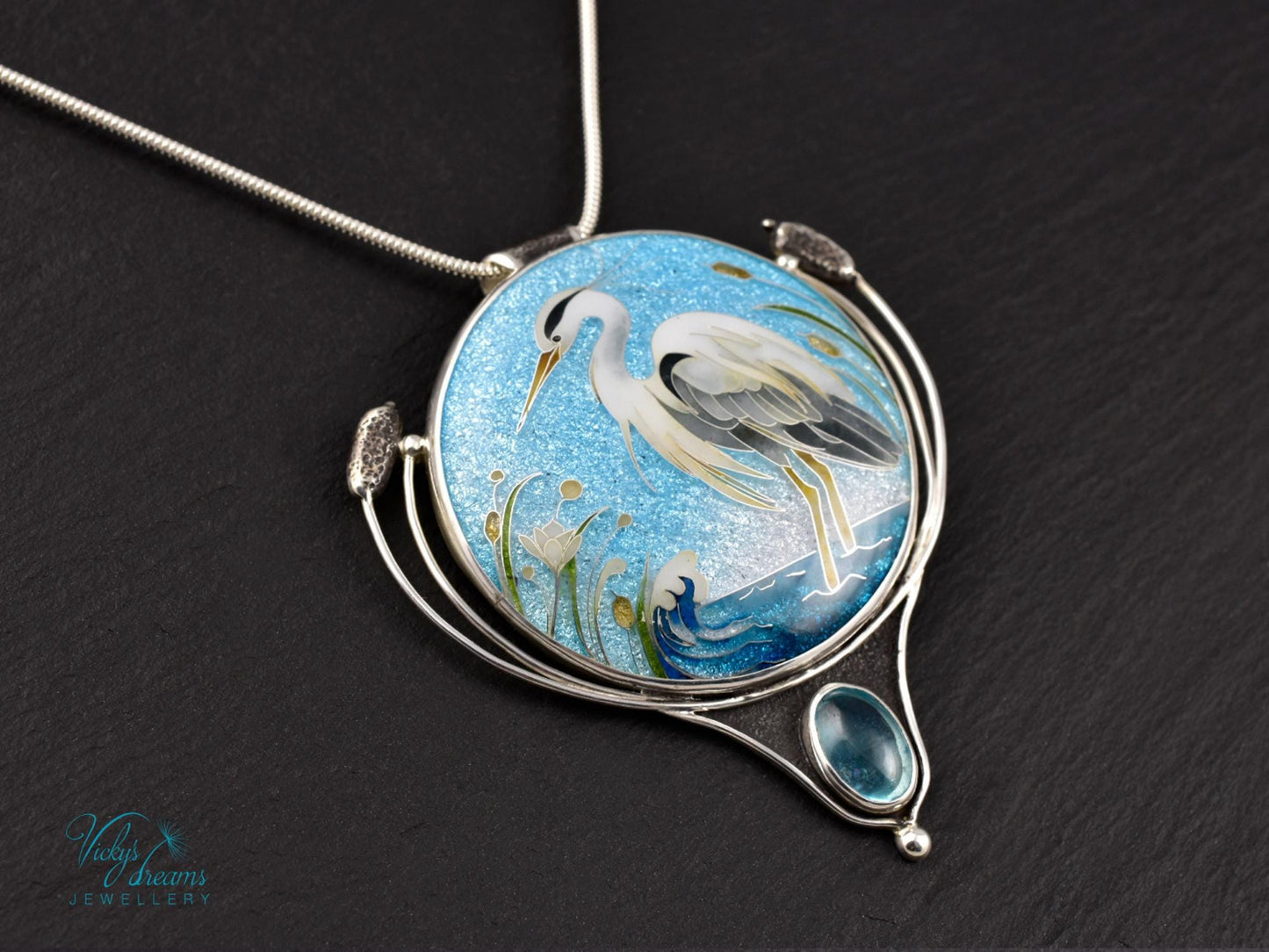 cloisonne enamel silver pendant with a heron 