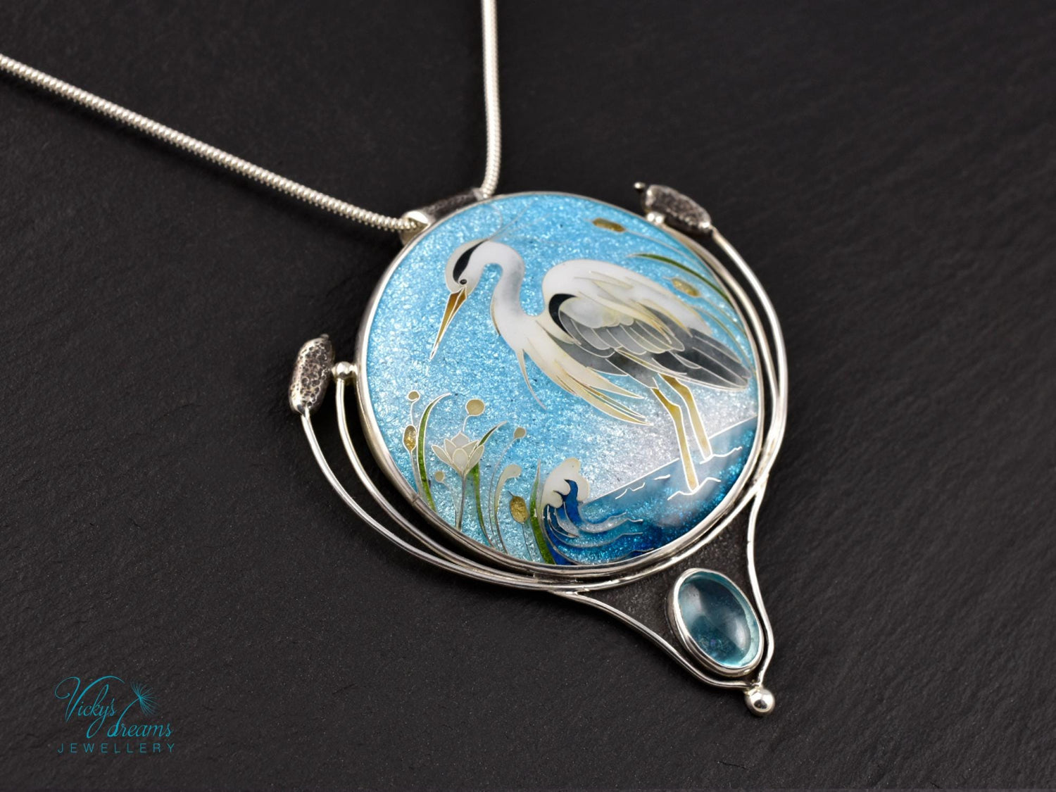 cloisonne enamel silver pendant with a heron 