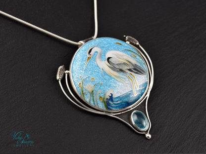 cloisonne enamel silver pendant with a heron 