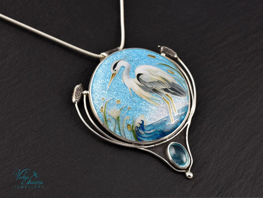 cloisonne enamel silver pendant with a heron 