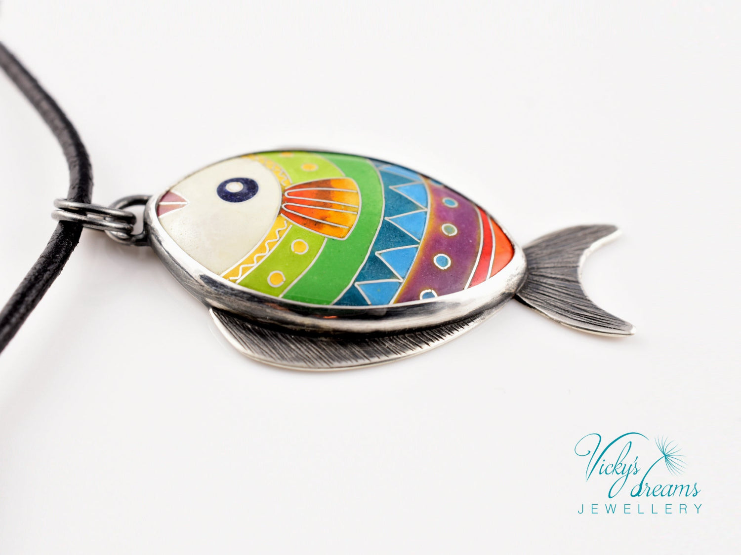 Handmade cloisonné enamel fish pendant in vibrant colors with sterling silver