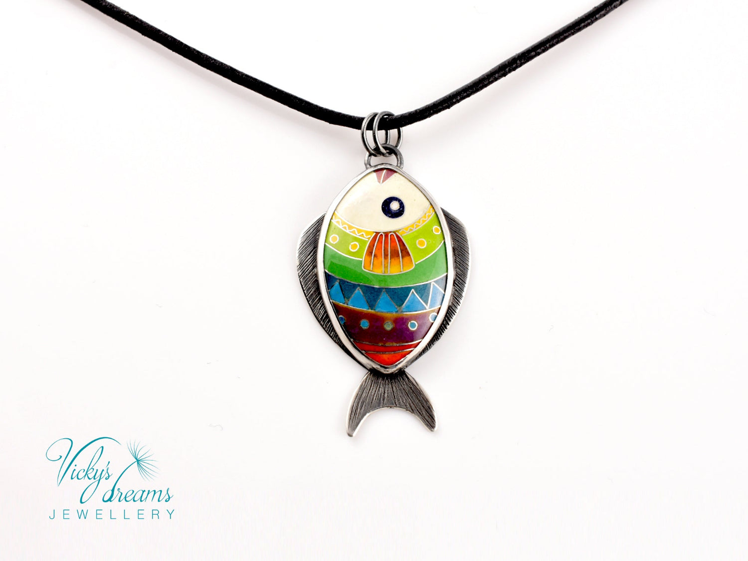 Handmade cloisonné enamel fish pendant in vibrant colors with sterling silver