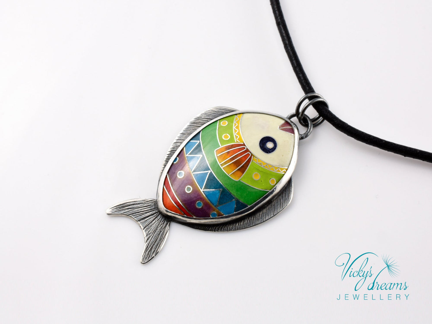 Handmade cloisonné enamel fish pendant in vibrant colors with sterling silver