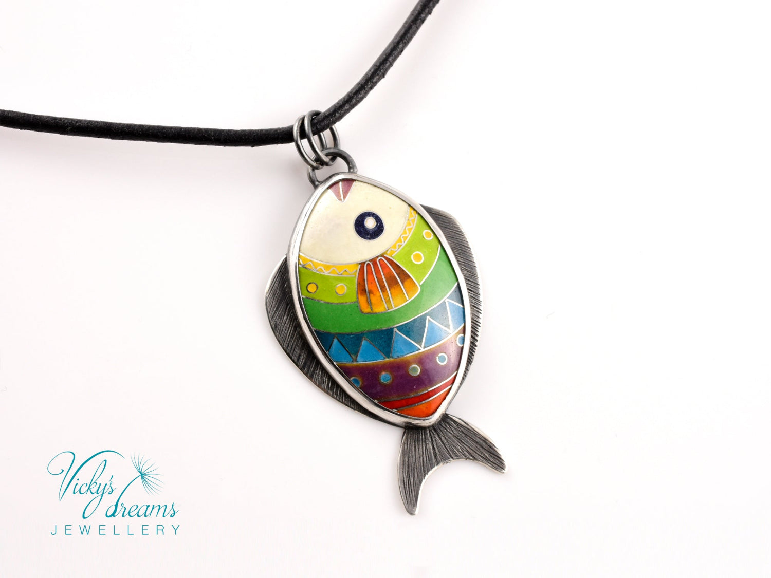 Handmade cloisonné enamel fish pendant in vibrant colors with sterling silver