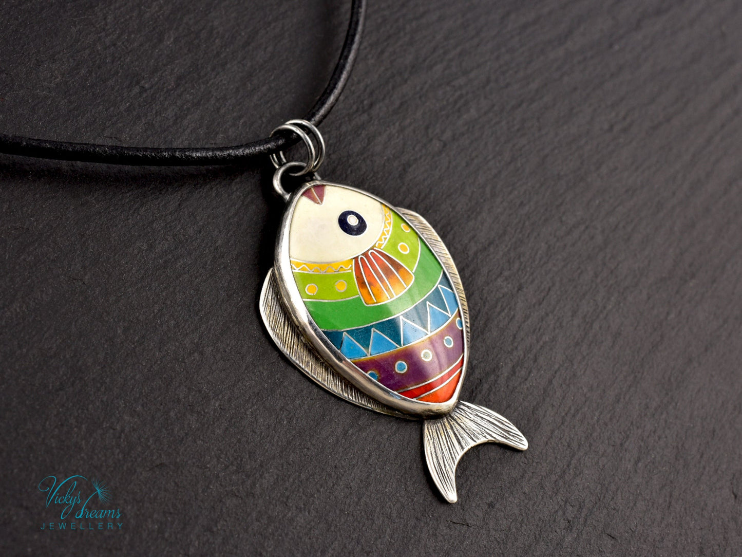 Handmade cloisonné enamel fish pendant in vibrant colors with sterling silver