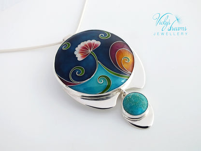color flower torquoise cloisonne silver pendant