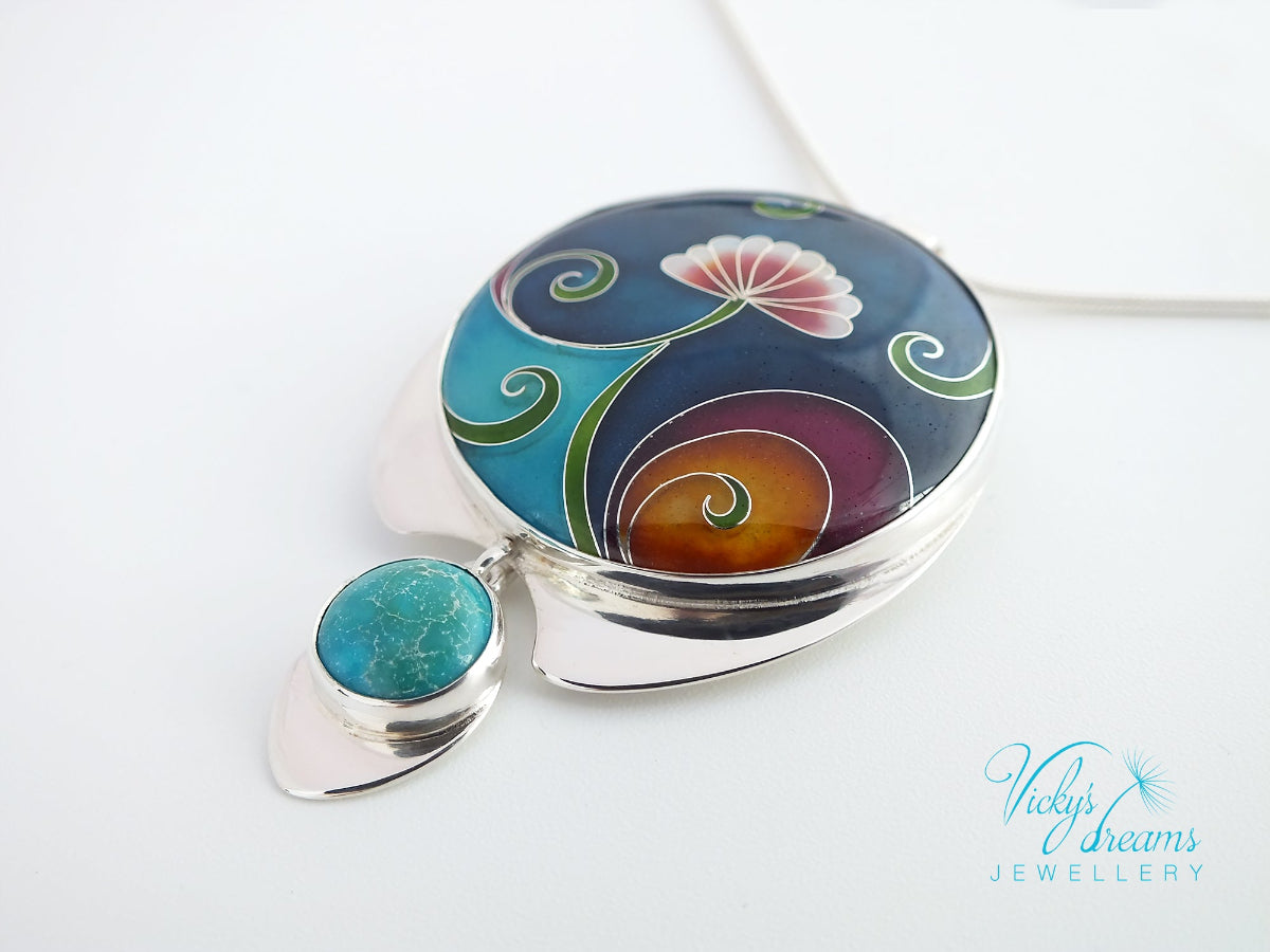 color flower torquoise cloisonne silver pendant