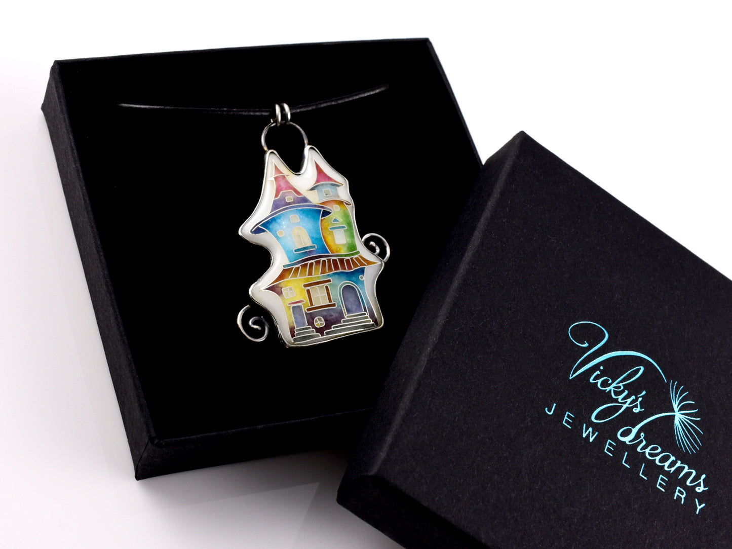 Cloisonné enamel necklace with vibrant rainbow house design in oxidised sterling silver – handmade unique art jewelry