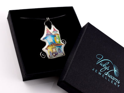 Cloisonné enamel necklace with vibrant rainbow house design in oxidised sterling silver – handmade unique art jewelry