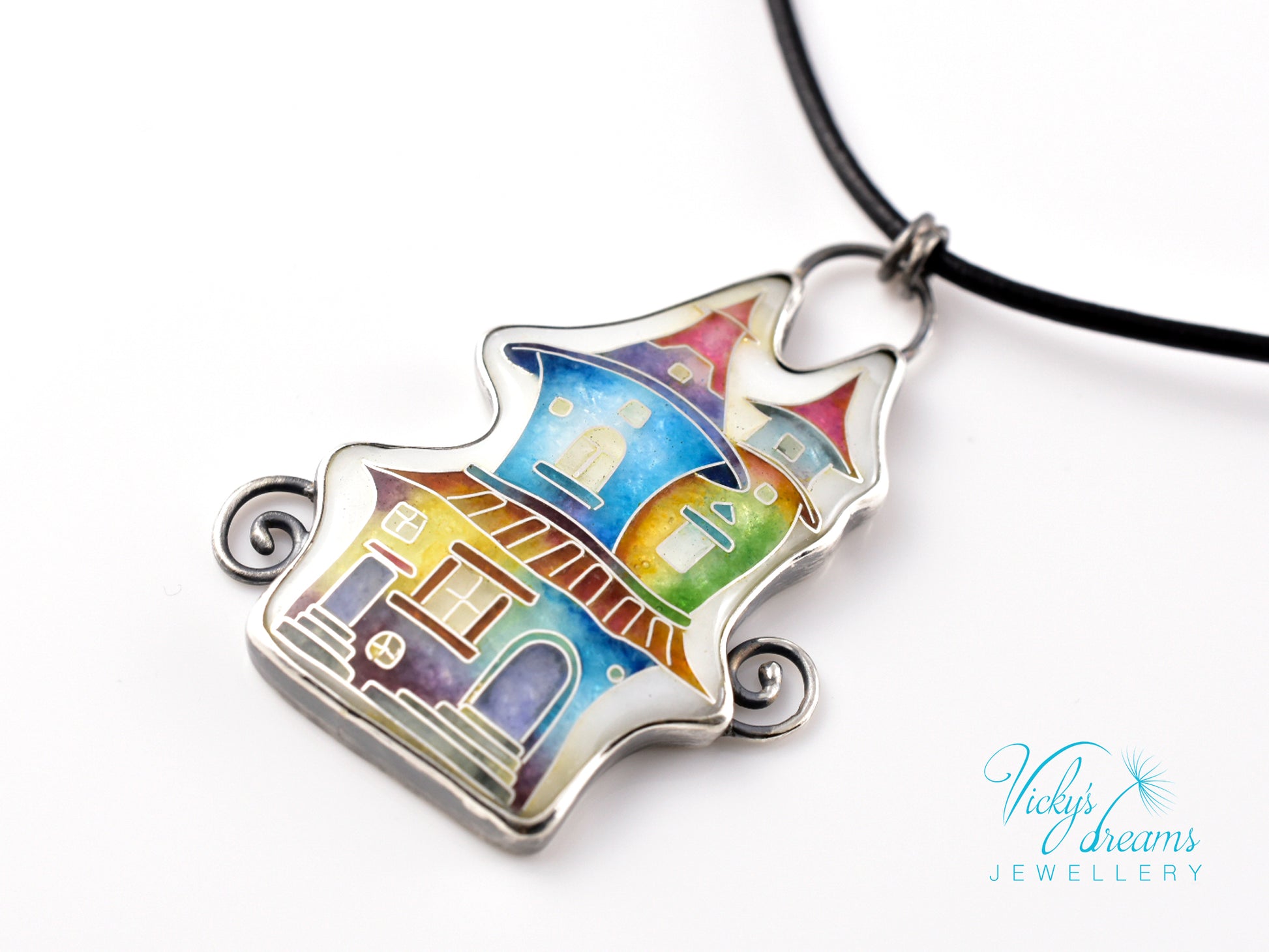 Cloisonné enamel necklace with vibrant rainbow house design in oxidised sterling silver – handmade unique art jewelry