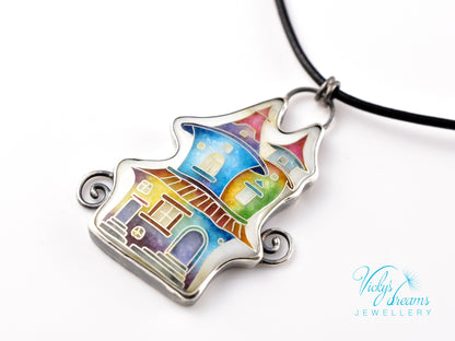 Cloisonné enamel necklace with vibrant rainbow house design in oxidised sterling silver – handmade unique art jewelry