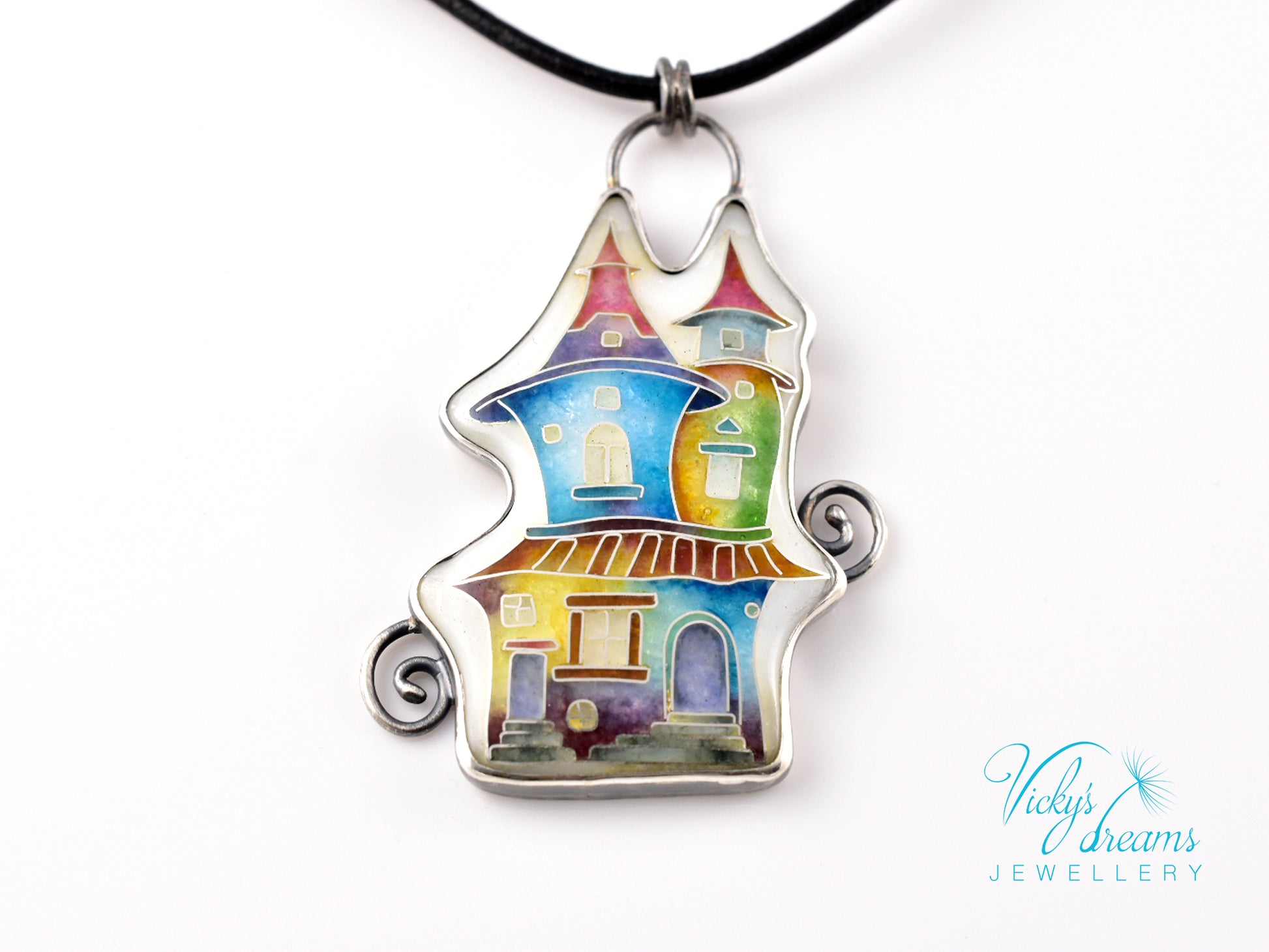Cloisonné enamel necklace with vibrant rainbow house design in oxidised sterling silver – handmade unique art jewelry