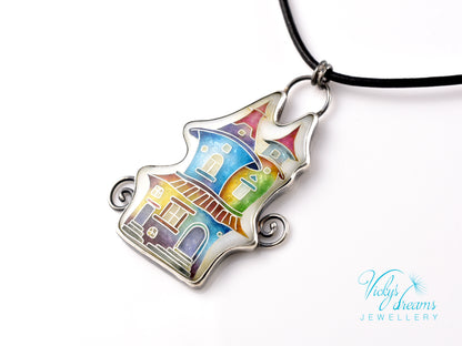 Cloisonné enamel necklace with vibrant rainbow house design in oxidised sterling silver – handmade unique art jewelry
