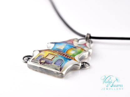 Cloisonné enamel necklace with vibrant rainbow house design in oxidised sterling silver – handmade unique art jewelry