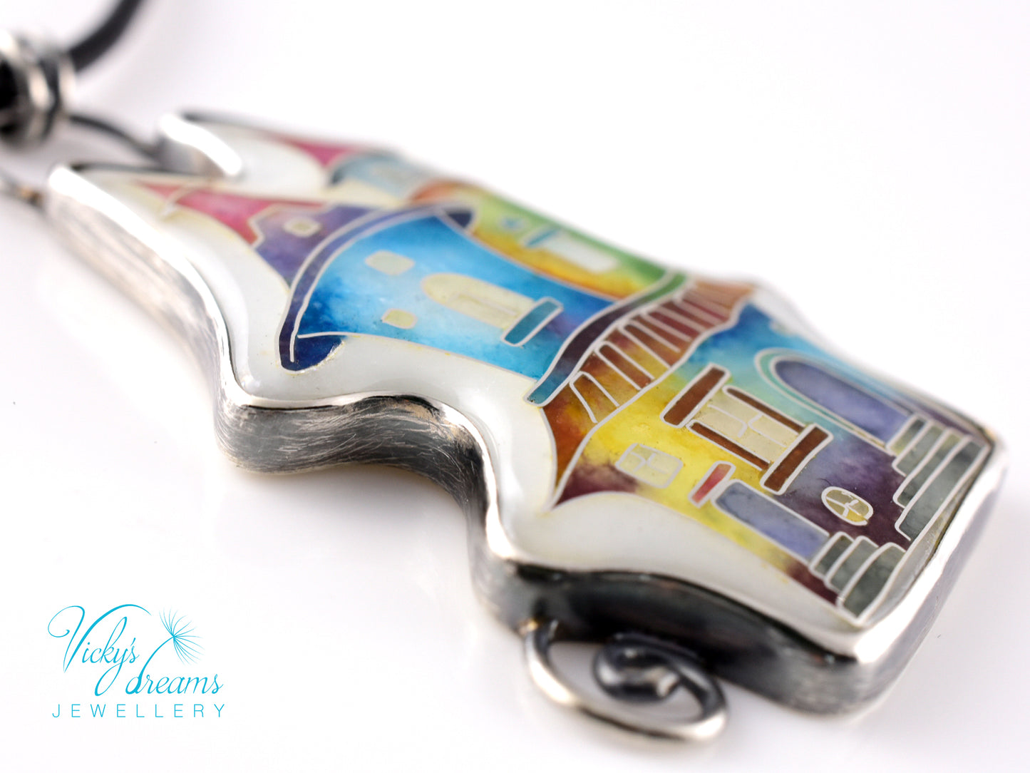 Cloisonné enamel necklace with vibrant rainbow house design in oxidised sterling silver – handmade unique art jewelry