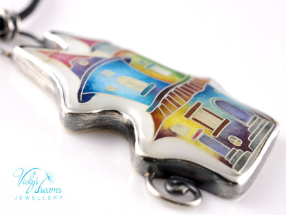 Cloisonné enamel necklace with vibrant rainbow house design in oxidised sterling silver – handmade unique art jewelry