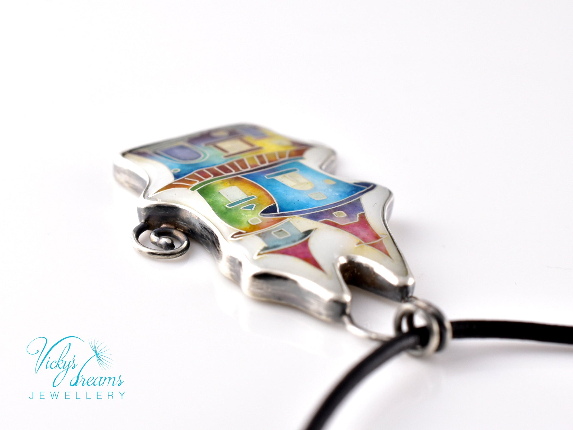 Cloisonné enamel necklace with vibrant rainbow house design in oxidised sterling silver – handmade unique art jewelry