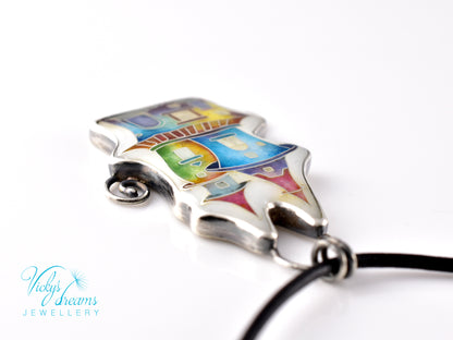 Cloisonné enamel necklace with vibrant rainbow house design in oxidised sterling silver – handmade unique art jewelry
