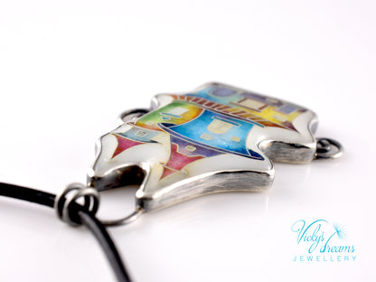 Cloisonné enamel necklace with vibrant rainbow house design in oxidised sterling silver – handmade unique art jewelry