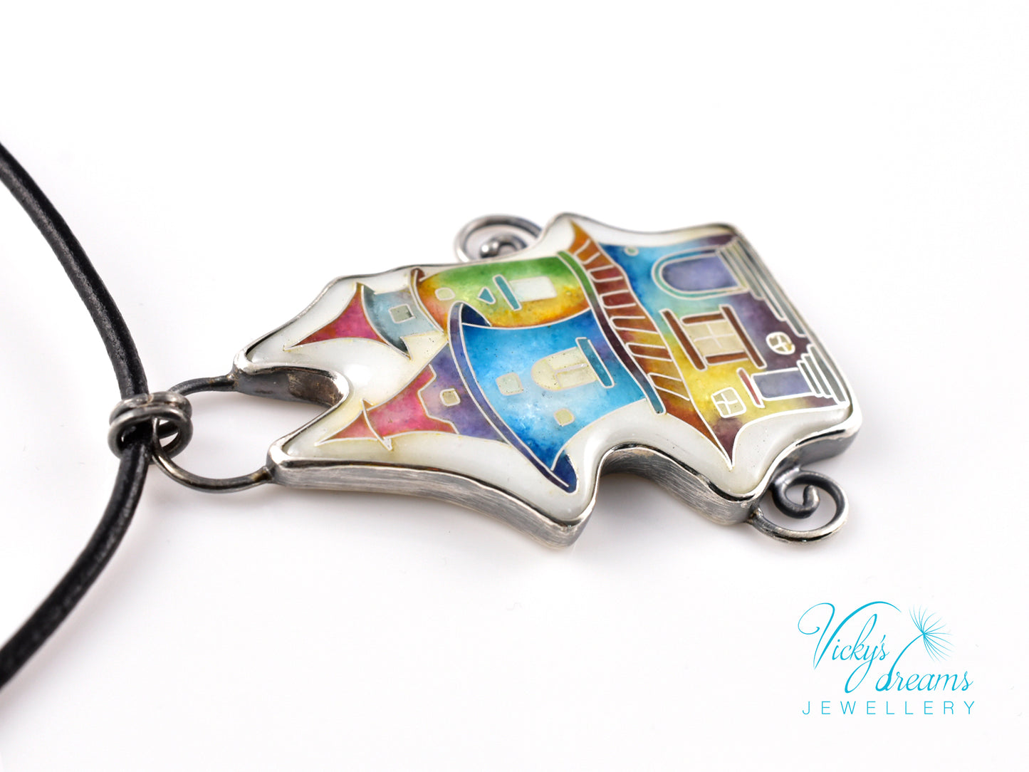 Cloisonné enamel necklace with vibrant rainbow house design in oxidised sterling silver – handmade unique art jewelry