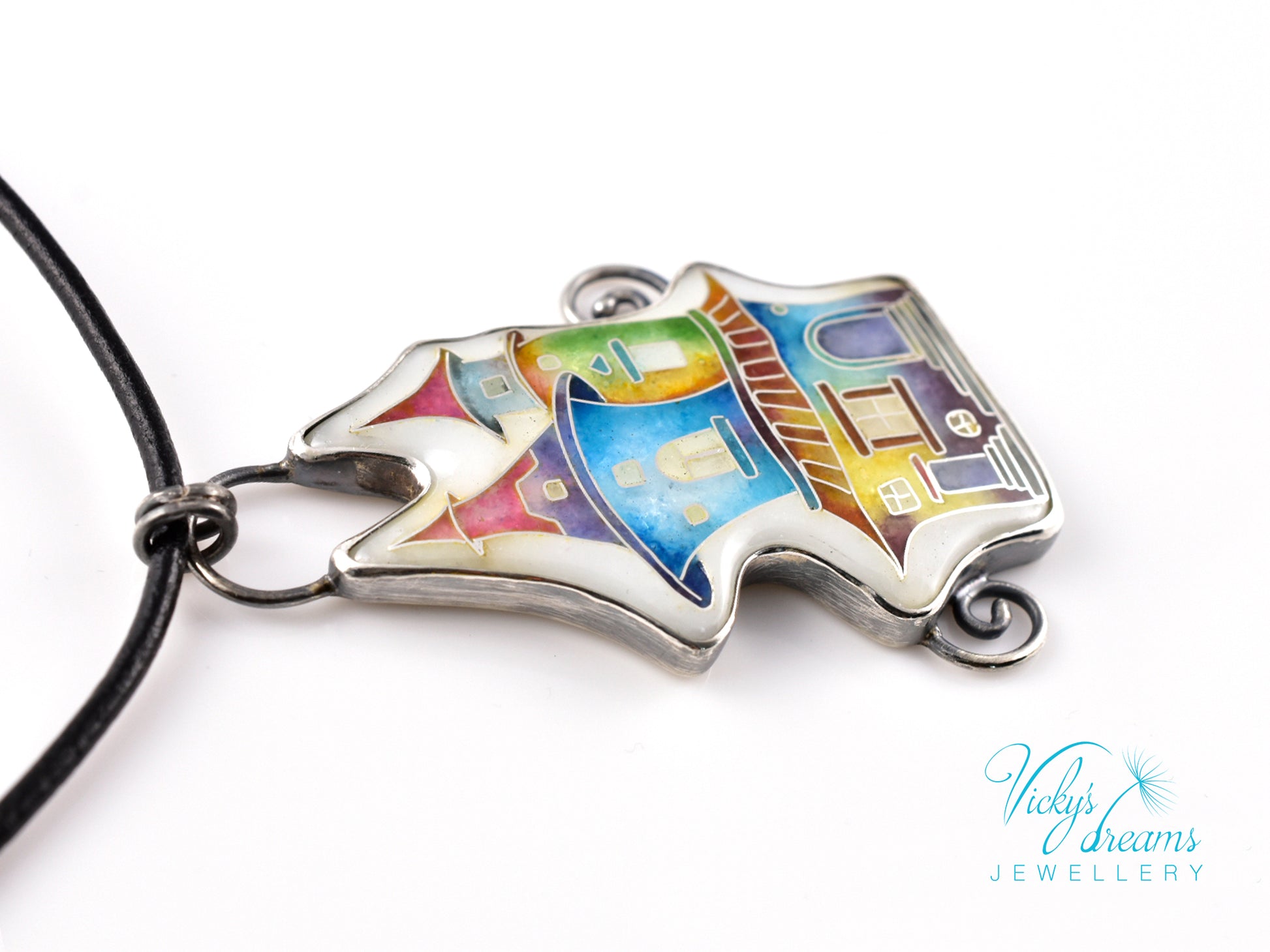 Cloisonné enamel necklace with vibrant rainbow house design in oxidised sterling silver – handmade unique art jewelry