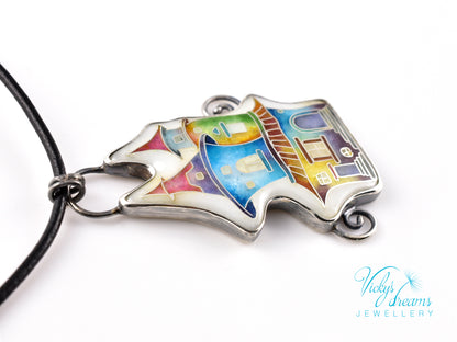 Cloisonné enamel necklace with vibrant rainbow house design in oxidised sterling silver – handmade unique art jewelry