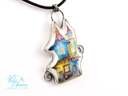 Cloisonné enamel necklace with vibrant rainbow house design in oxidised sterling silver – handmade unique art jewelry