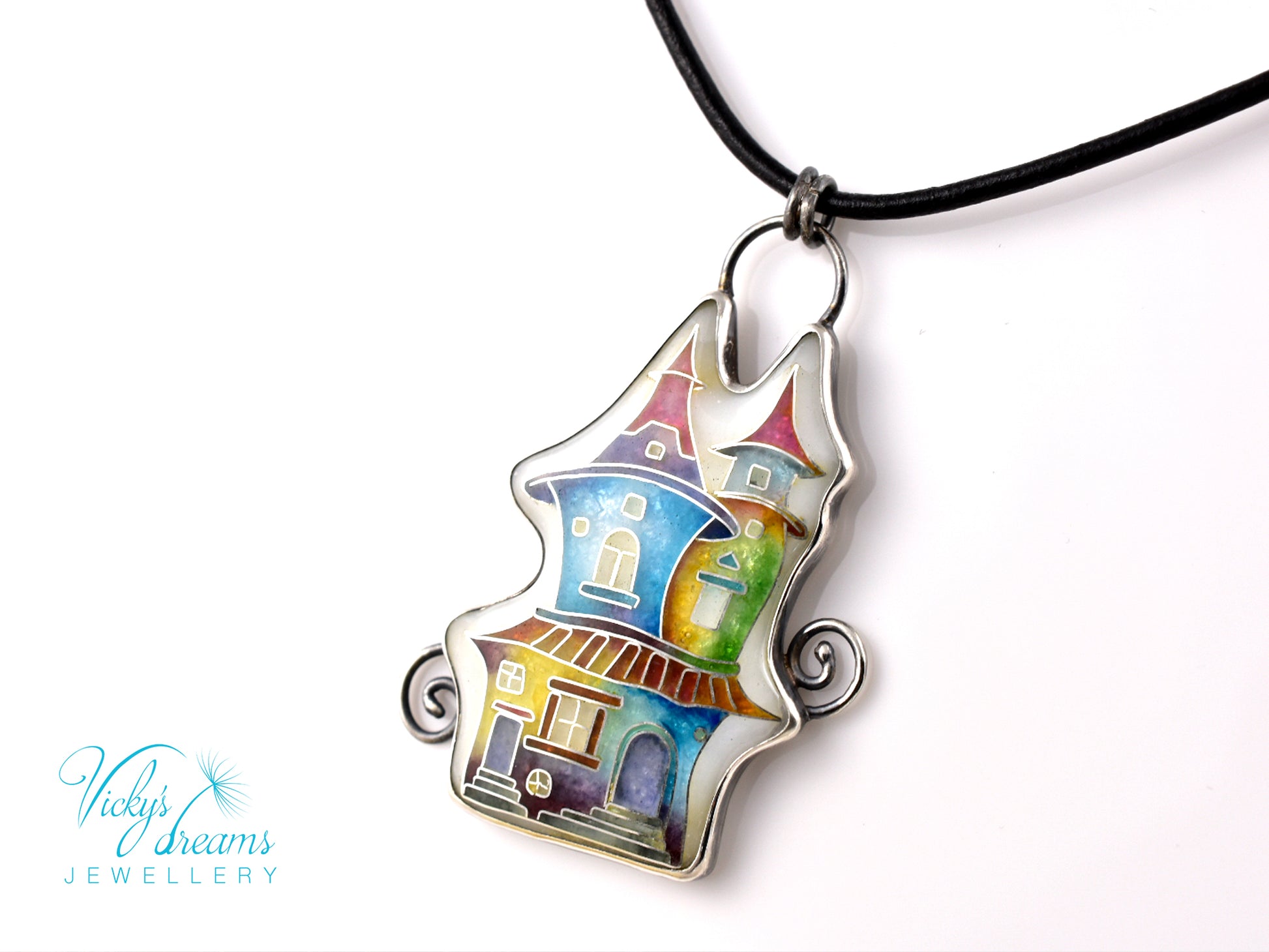 Cloisonné enamel necklace with vibrant rainbow house design in oxidised sterling silver – handmade unique art jewelry