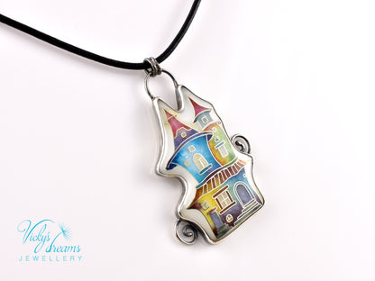 Cloisonné enamel necklace with vibrant rainbow house design in oxidised sterling silver – handmade unique art jewelry