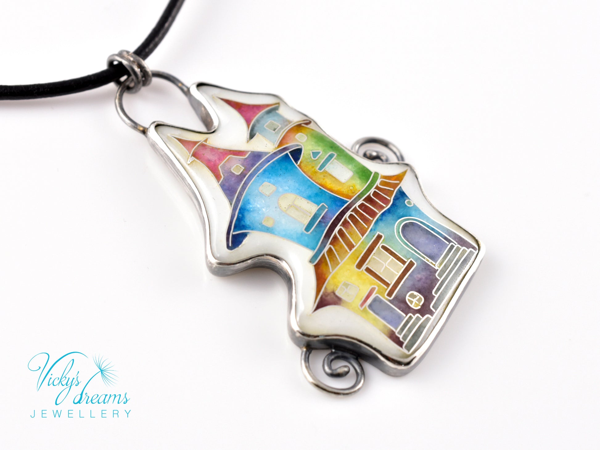 Cloisonné enamel necklace with vibrant rainbow house design in oxidised sterling silver – handmade unique art jewelry