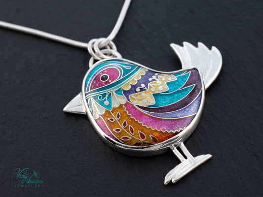 Handmade Cloisonné Bird Pendant Sterling Silver Colorful Enamel Bird Necklace Artisan Unique Jewelry Gift for Her