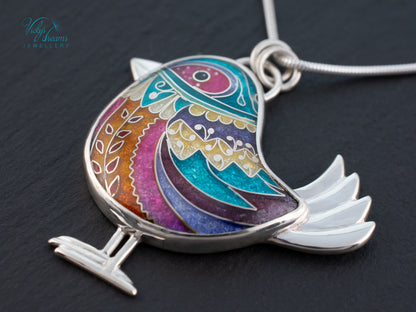 Handmade Cloisonné Bird Pendant Sterling Silver Colorful Enamel Bird Necklace Artisan Unique Jewelry Gift for Her