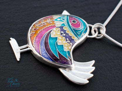 Handmade Cloisonné Bird Pendant Sterling Silver Colorful Enamel Bird Necklace Artisan Unique Jewelry Gift for Her