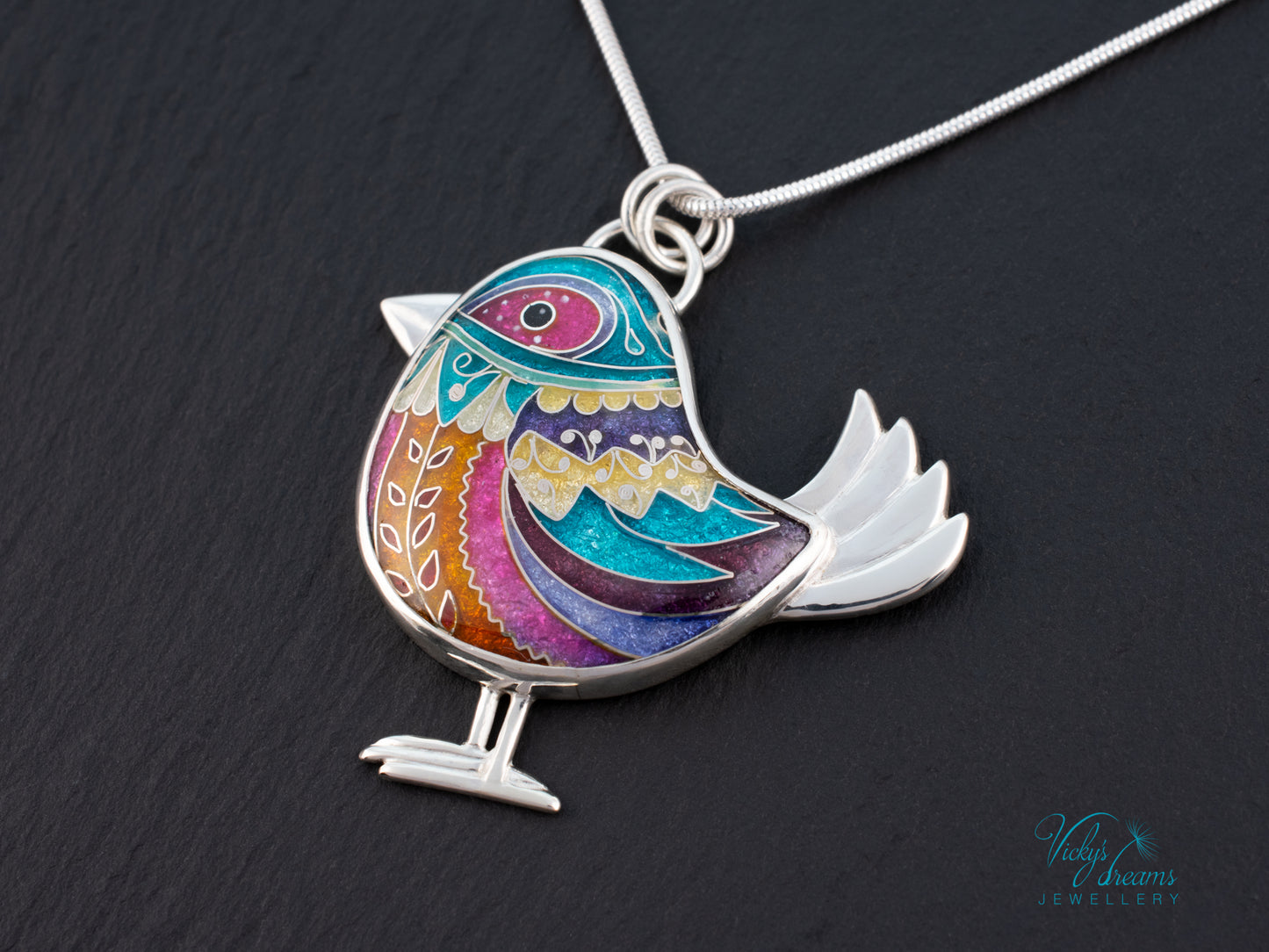 Handmade Cloisonné Bird Pendant Sterling Silver Colorful Enamel Bird Necklace Artisan Unique Jewelry Gift for Her
