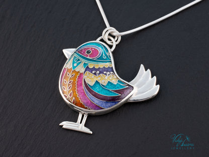Handmade Cloisonné Bird Pendant Sterling Silver Colorful Enamel Bird Necklace Artisan Unique Jewelry Gift for Her