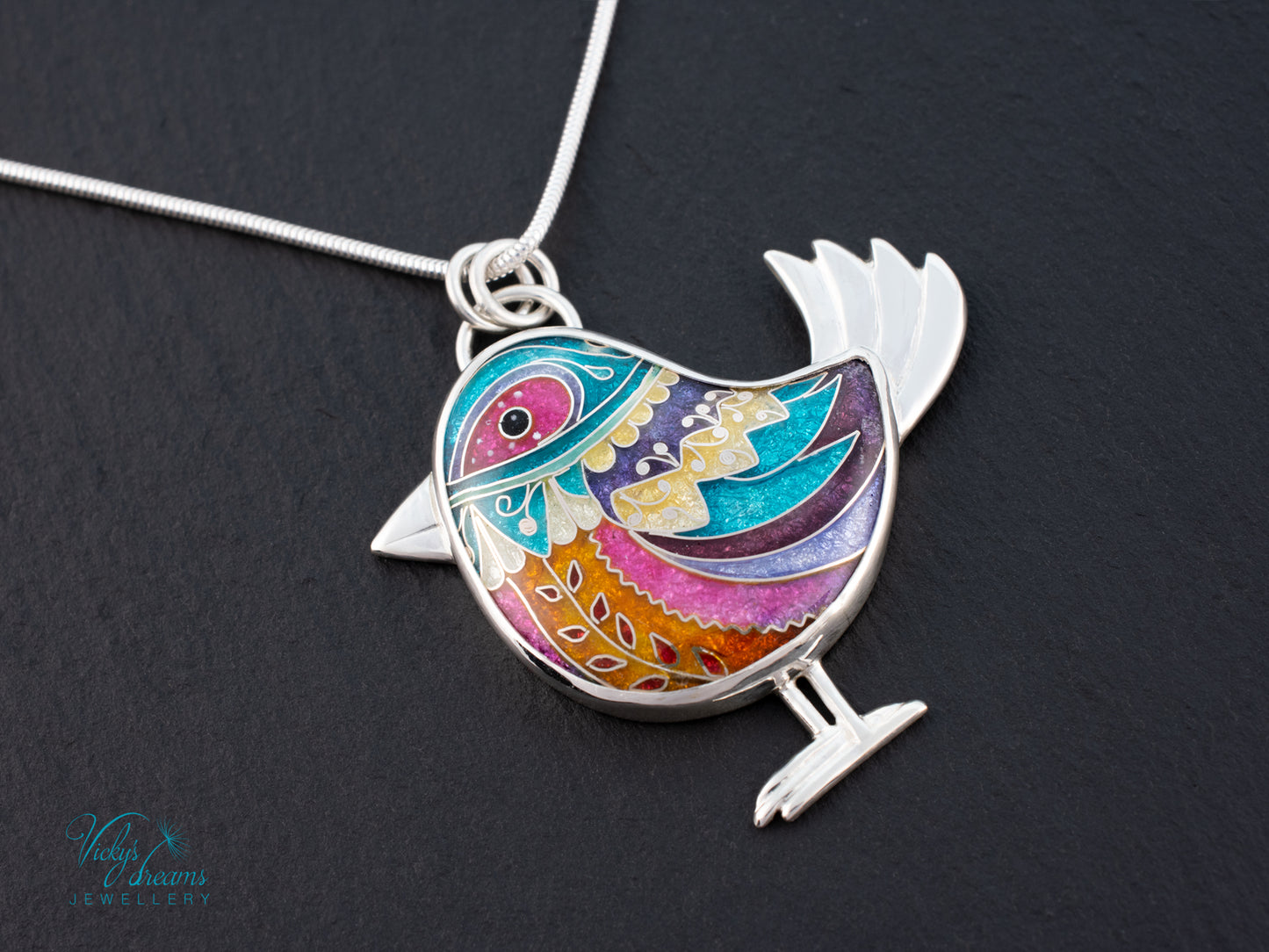 Handmade Cloisonné Bird Pendant Sterling Silver Colorful Enamel Bird Necklace Artisan Unique Jewelry Gift for Her