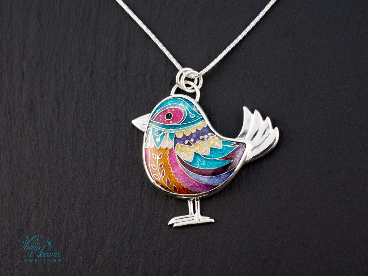 Handmade Cloisonné Bird Pendant Sterling Silver Colorful Enamel Bird Necklace Artisan Unique Jewelry Gift for Her