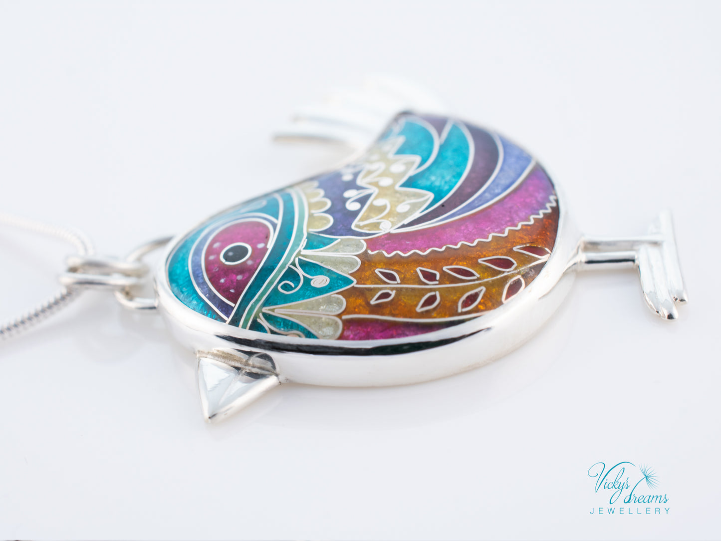 Handmade Cloisonné Bird Pendant Sterling Silver Colorful Enamel Bird Necklace Artisan Unique Jewelry Gift for Her