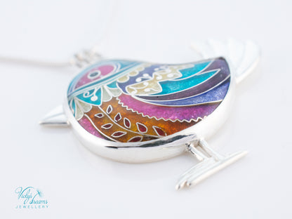 Handmade Cloisonné Bird Pendant Sterling Silver Colorful Enamel Bird Necklace Artisan Unique Jewelry Gift for Her