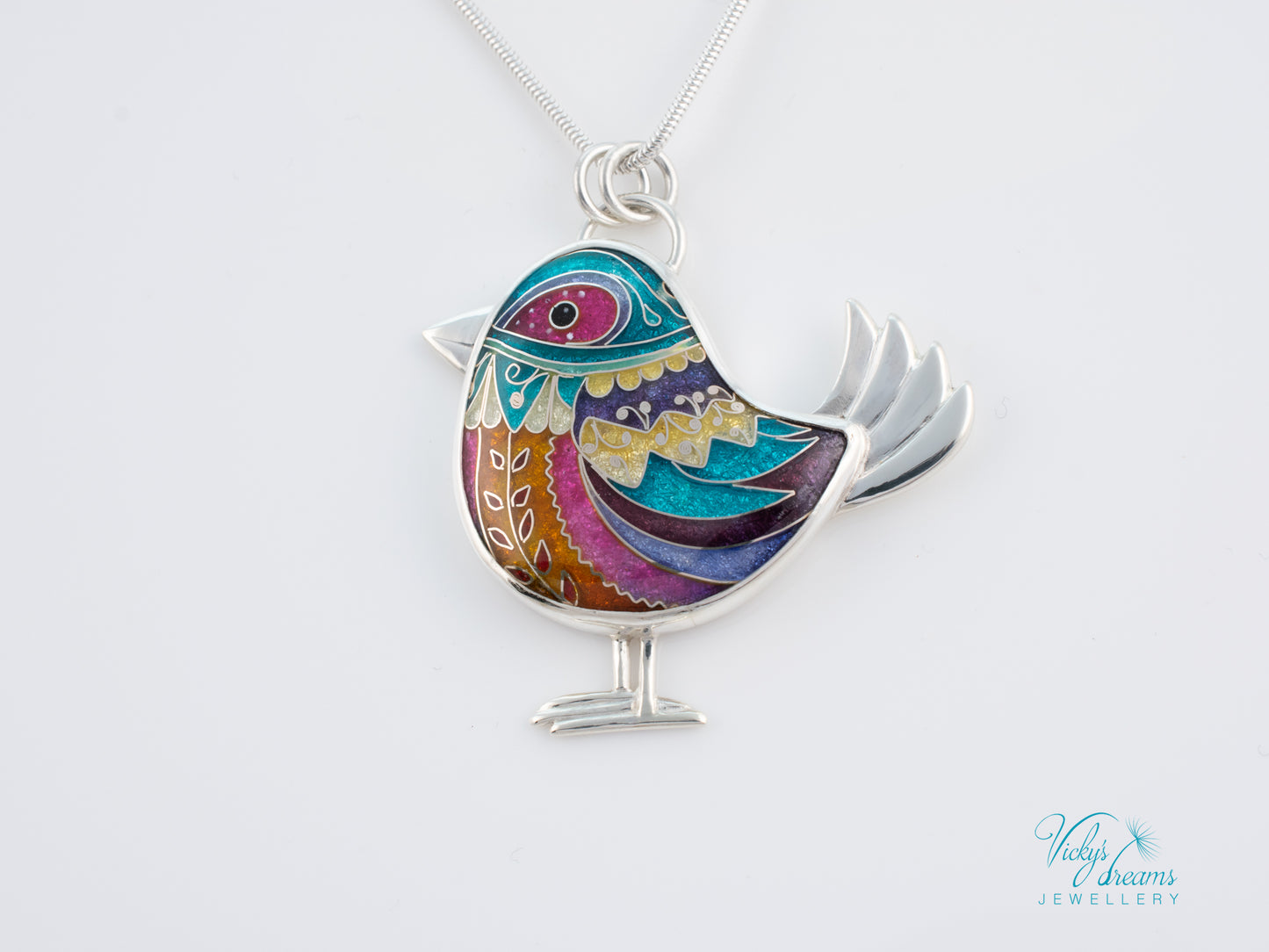 Handmade Cloisonné Bird Pendant Sterling Silver Colorful Enamel Bird Necklace Artisan Unique Jewelry Gift for Her